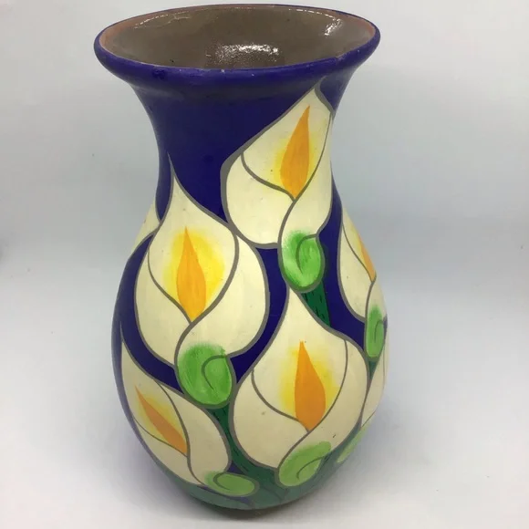Vtg Mexican Blue Calla Lily Flower Hand Painted Red Clay Vase Pottery Folk Art - Picture 2 of 7